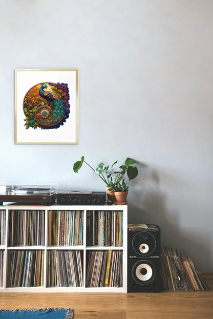 Unique & Artistic Round Wooden Peacock Jigsaw Puzzle for Adults or Children - Turn into Wall Art