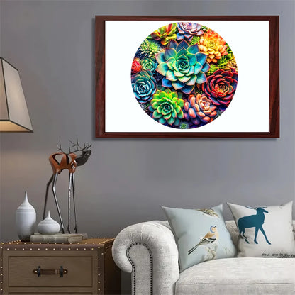 Artistic Round Wooden Succulents Jigsaw Puzzle for Adults or Children - Turn into Wall Art