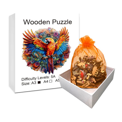 Beautiful & Artistic Round Wooden Rainbow Parrot Jigsaw Puzzle for Adults or Children