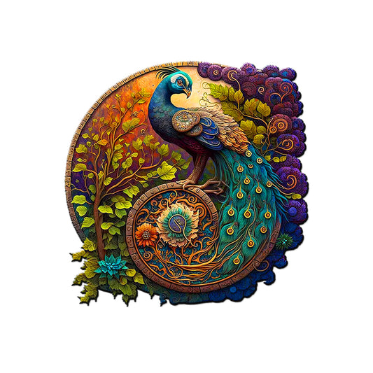Unique & Artistic Round Wooden Peacock Jigsaw Puzzle for Adults or Children - Turn into Wall Art