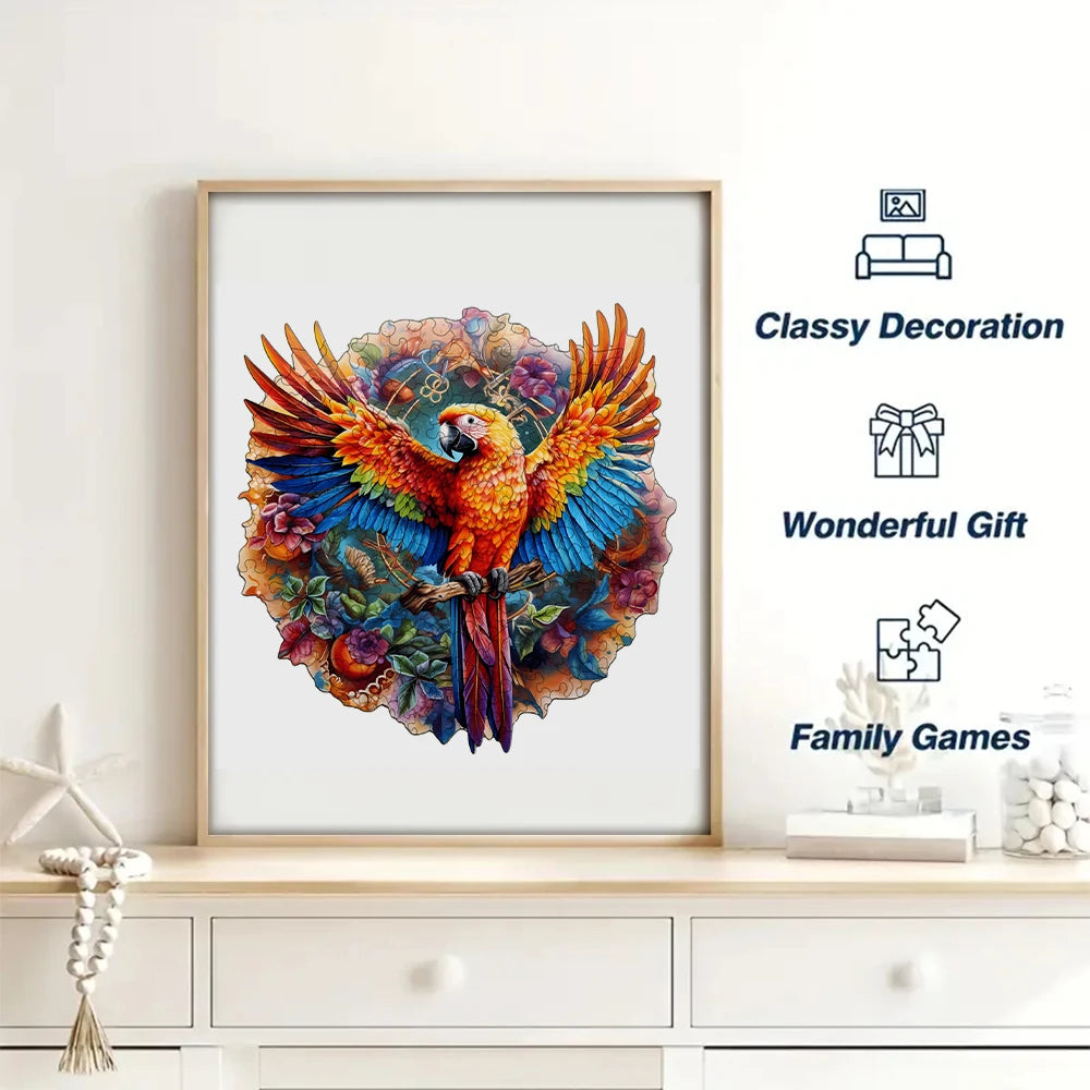 Beautiful & Artistic Round Wooden Rainbow Parrot Jigsaw Puzzle for Adults or Children