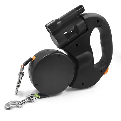 No-Tangle Dual Dogs Retractable Leash with Doodie Bag Holder & Torch