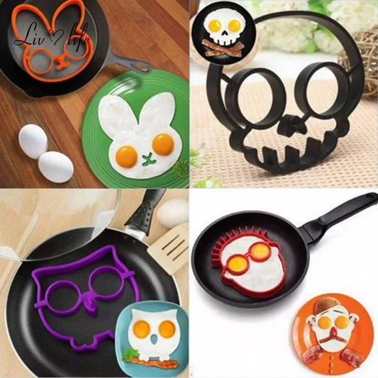 Fun Novelty Silicone Egg Rings & Pancake Shaper Moulds - Owl, Skull, Glasses Face, Smiling Egg Face, Sun on Cloud, Rabbit