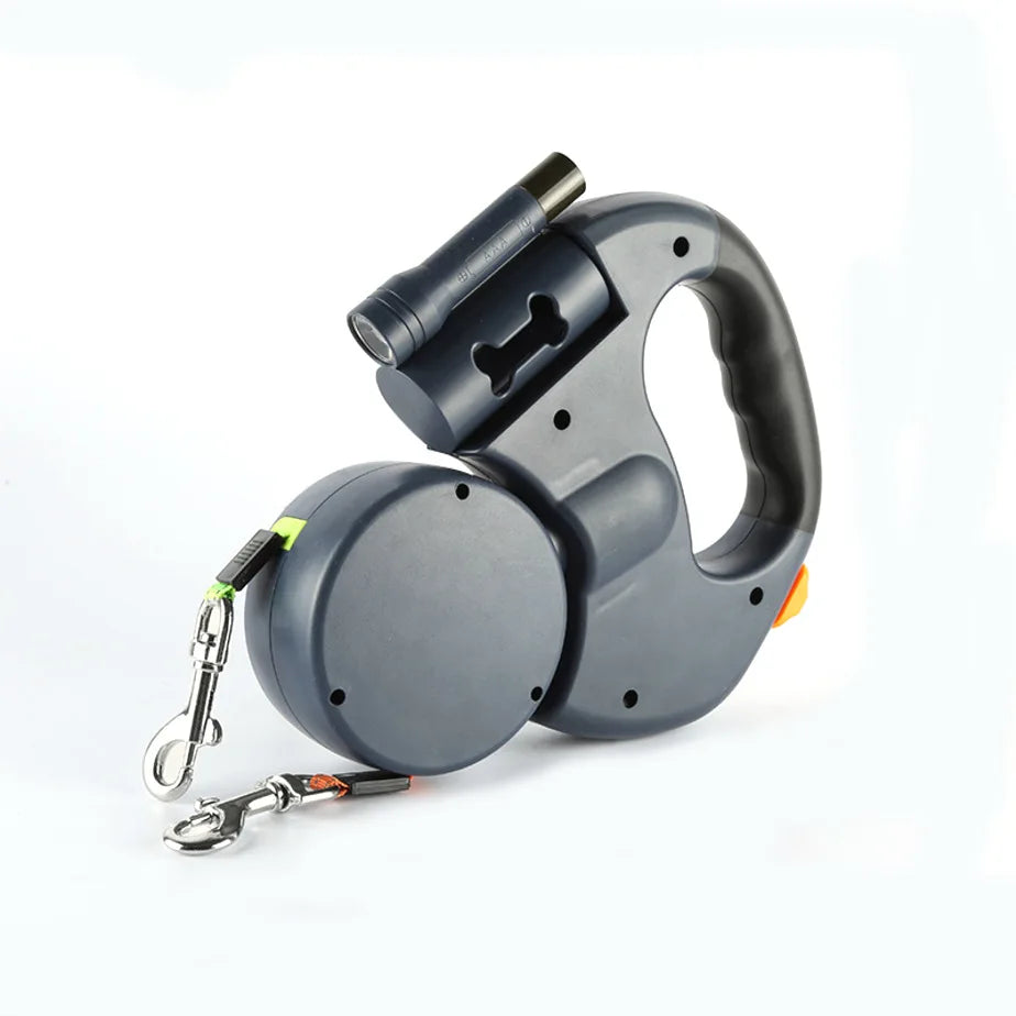 No-Tangle Dual Dogs Retractable Leash with Doodie Bag Holder & Torch