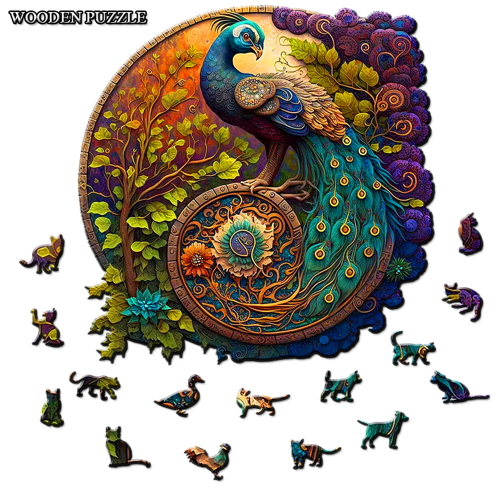 Unique & Artistic Round Wooden Peacock Jigsaw Puzzle for Adults or Children - Turn into Wall Art