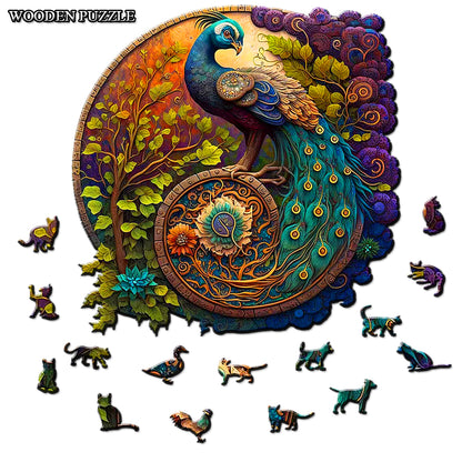 Unique & Artistic Round Wooden Peacock Jigsaw Puzzle for Adults or Children - Turn into Wall Art