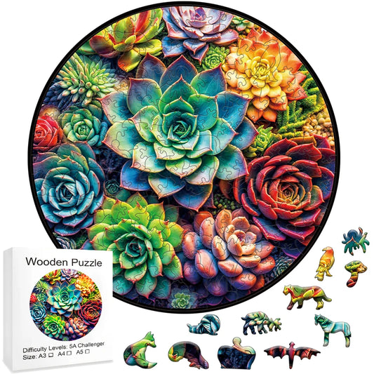 Artistic Round Wooden Succulents Jigsaw Puzzle for Adults or Children - Turn into Wall Art