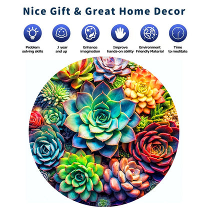 Artistic Round Wooden Succulents Jigsaw Puzzle for Adults or Children - Turn into Wall Art
