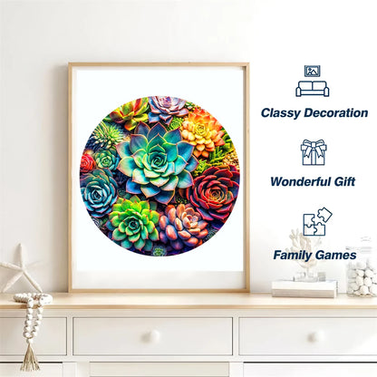 Artistic Round Wooden Succulents Jigsaw Puzzle for Adults or Children - Turn into Wall Art