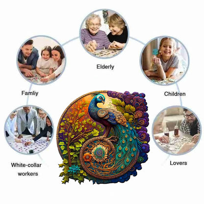 Unique & Artistic Round Wooden Peacock Jigsaw Puzzle for Adults or Children - Turn into Wall Art