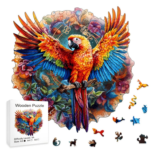 Beautiful & Artistic Round Wooden Rainbow Parrot Jigsaw Puzzle for Adults or Children